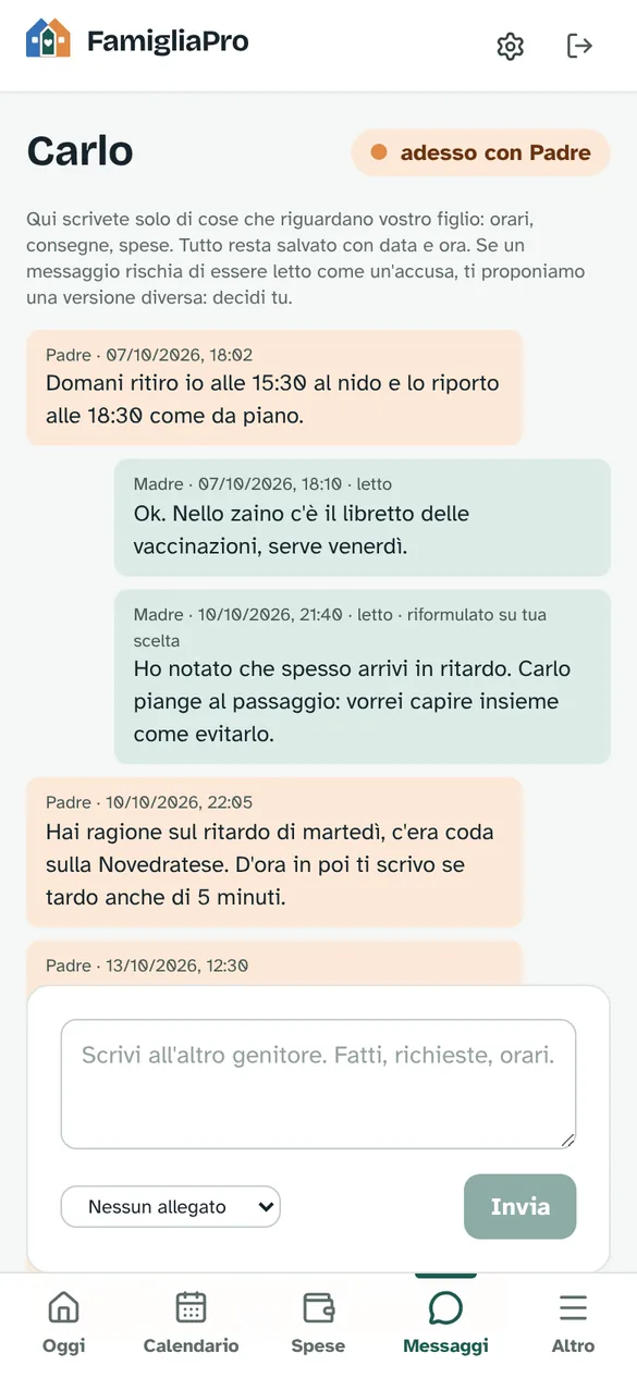 Schermata Messaggi tra i genitori con data, ora e lettura