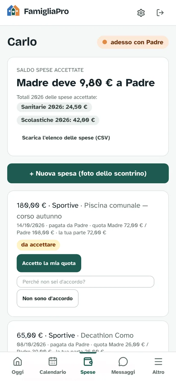 Schermata Spese con saldo e spese da accettare