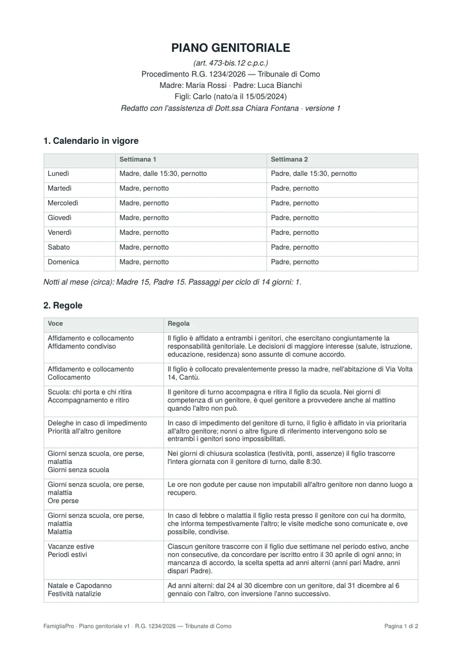 Prima pagina del piano genitoriale in PDF: intestazione con procedimento, genitori, figlio, calendario in tabella e regole