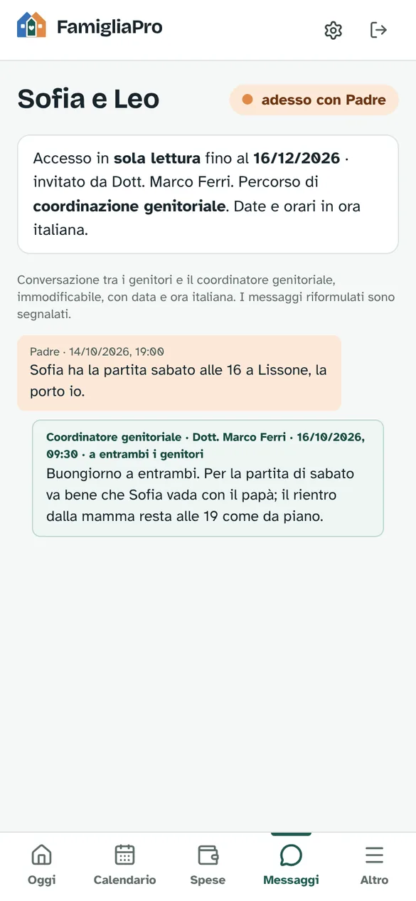 Vista dell'avvocata osservatrice: accesso in sola lettura fino a una data, messaggi tra i genitori con data e ora